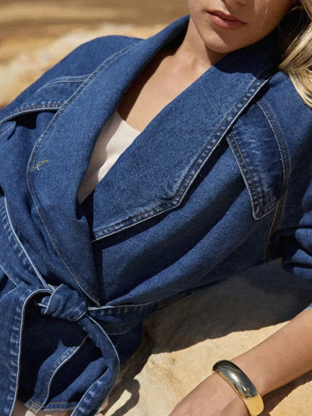 Blue Casual Women's Tie-Up Collar Denim Jacket